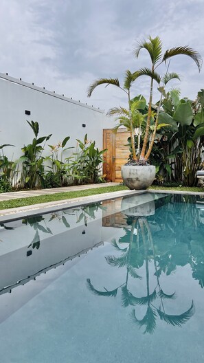 A swimming pool with a reflection of palm trees and a white wall. - Mamaya Rental Villa El Nido (El Nido)