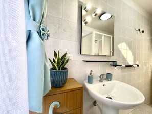 Shower, hair dryer, towels