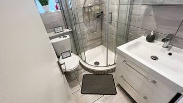 A modern bathroom with a glass-enclosed shower, a white sink, and a toilet.