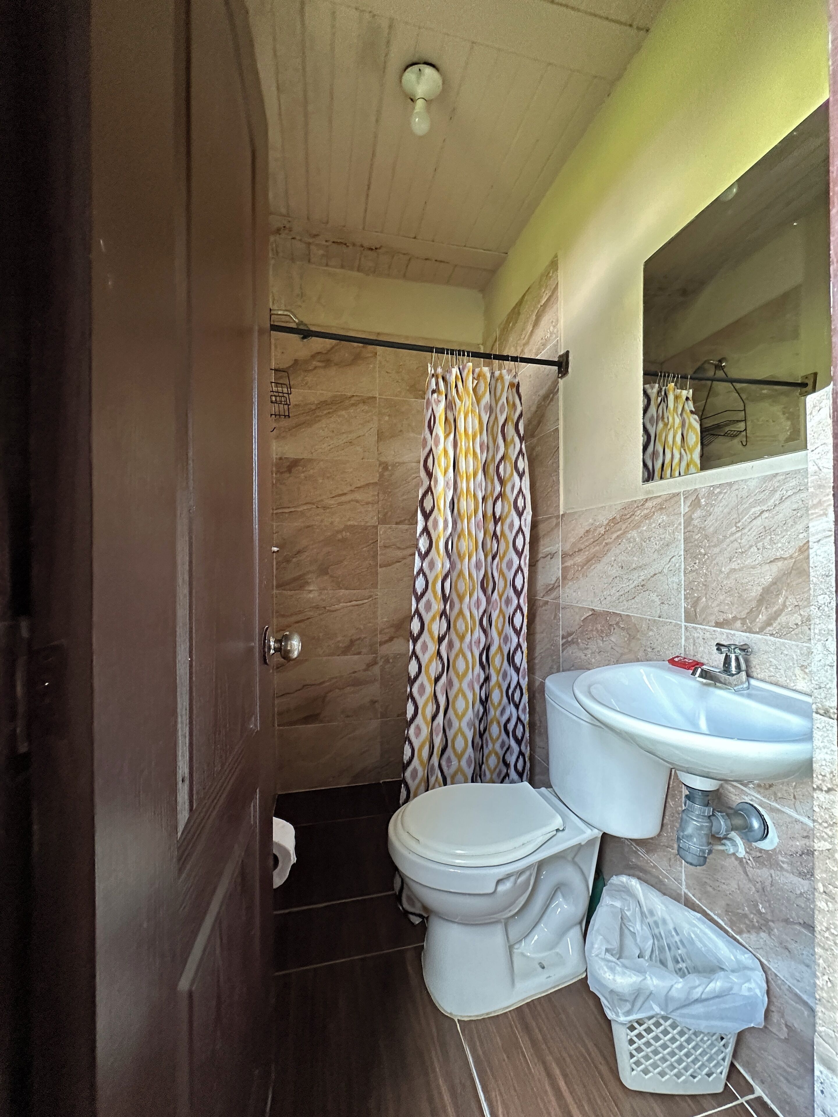 Ein Badezimmer mit Toilette, Waschbecken und Duschvorhang.