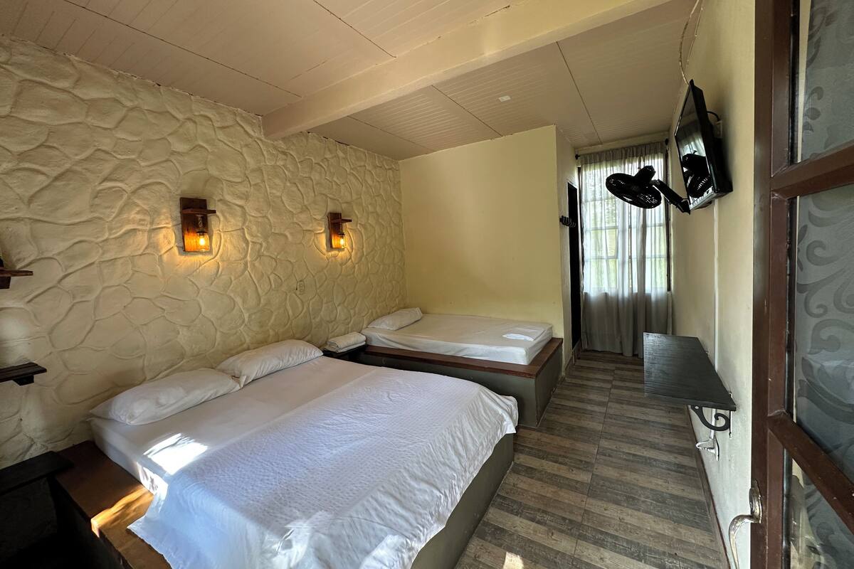 A room with two beds, a stone wall, a wooden floor, and a TV mounted on the wall.