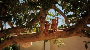 Una rama de árbol con dos figuras de animales de madera.