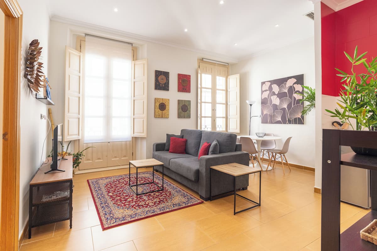 Standaard appartement, 1 tweepersoonsbed met slaapbank, keuken | Woonruimte | Een televisie