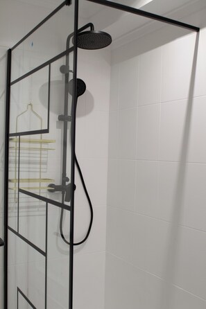 Hair dryer, towels, soap, shampoo