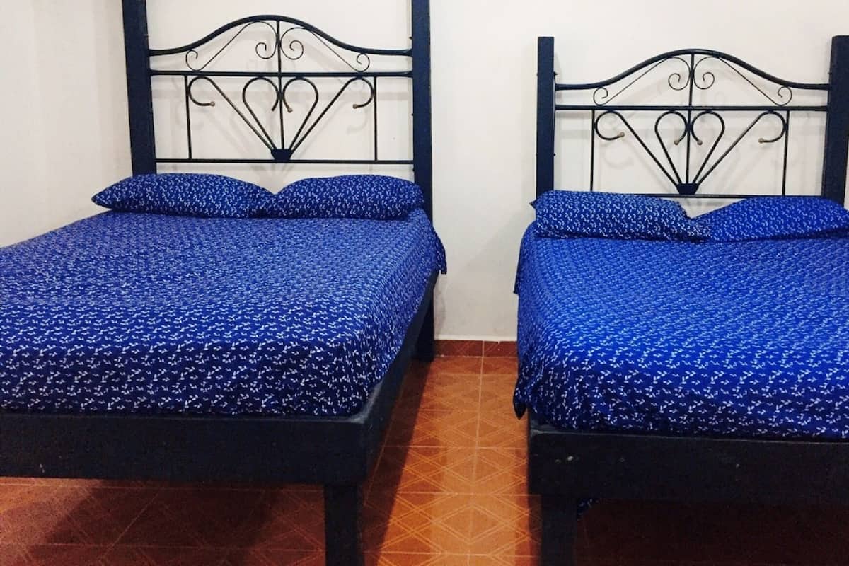 Two twin beds with black metal frames and blue patterned bedding.