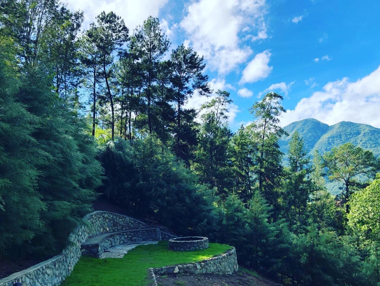 A stone bridge over a grassy area with dense forest and mountains in the background.