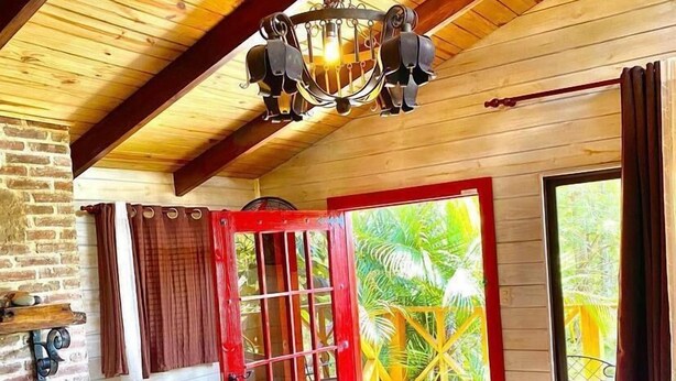 A wooden cabin bedroom with a bed, a fireplace, a chandelier, and a view of greenery outside.