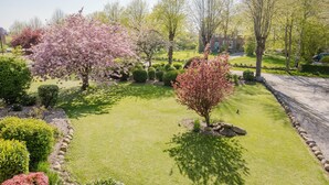 Een verzorgde tuin met verschillende bomen en struiken, een duidelijk pad en een gebouw op de achtergrond.
