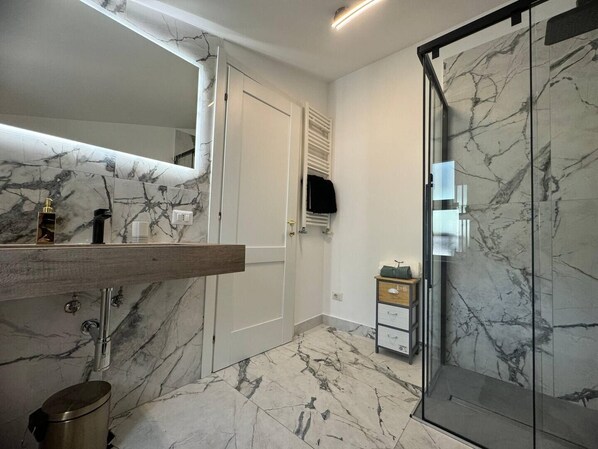 Shower, hair dryer, bidet, towels