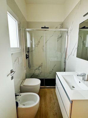 Douche, bidet, serviettes fournies, papier toilette