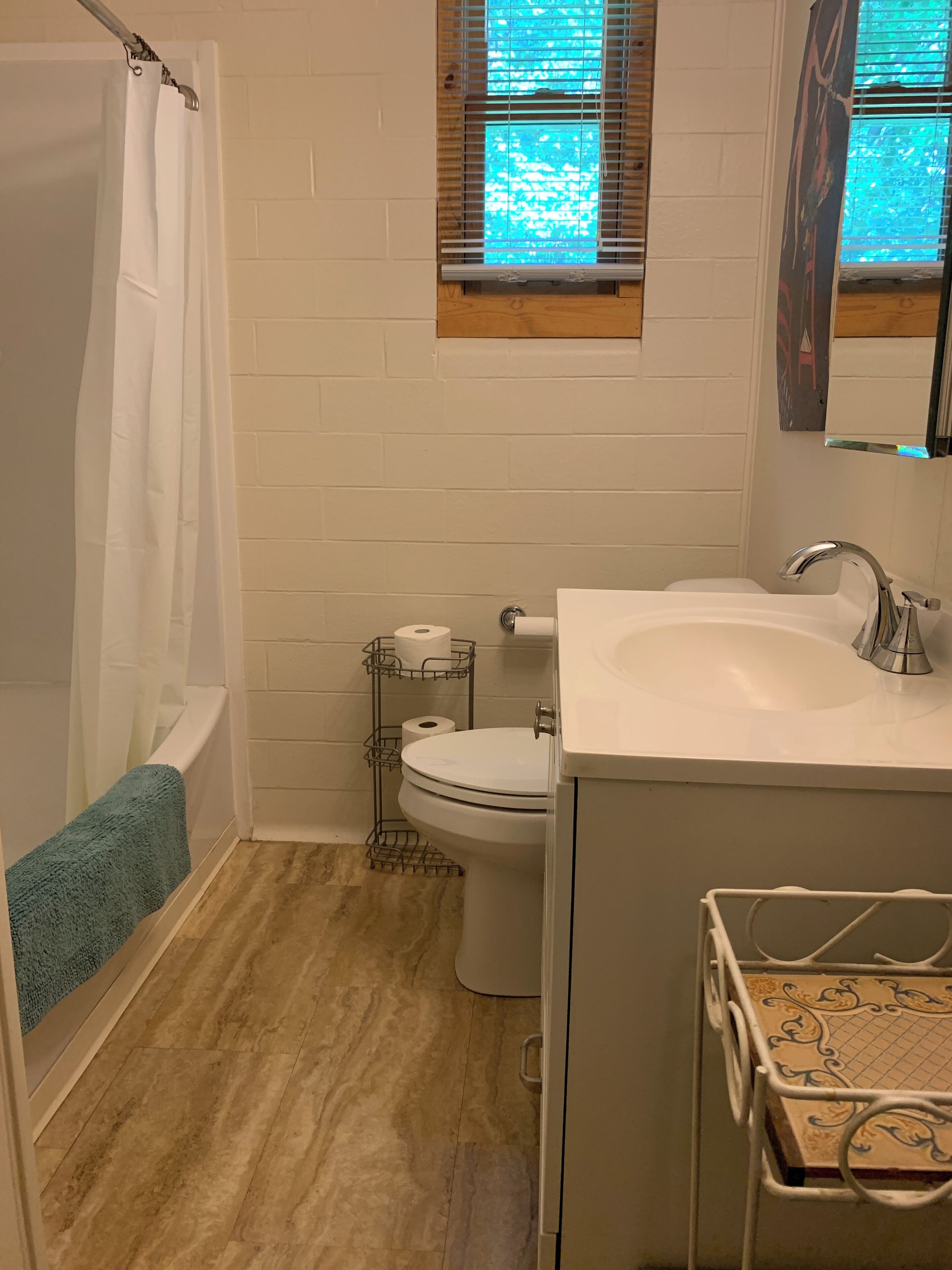 Hair dryer, towels, soap, shampoo