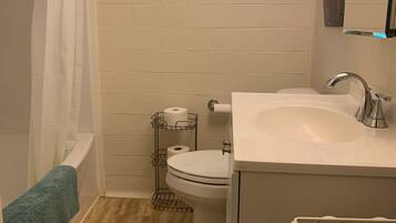 Hair dryer, towels, soap, shampoo