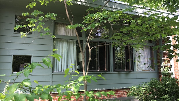 A two-story house with a brick foundation, large windows with white curtains, and a tree in the foreground.