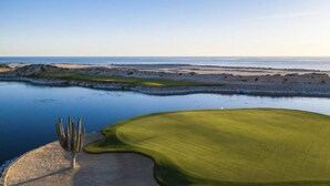 Een golfbaan met een cactussculptuur, een zandstrand en een kalme zee.