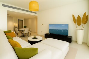 Luxury Apartment, Beach View | Living area - Private Beach | Luxury | No Camels (Dubai)