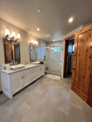 Hair dryer, towels, soap, toilet paper