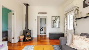 Ein Wohnzimmer mit Kaminofen, Sofa, Teppich und Spiegel an der Wand.