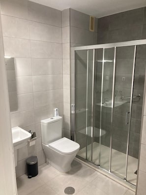 Regadera, secadora de cabello, jabón, papel de baño