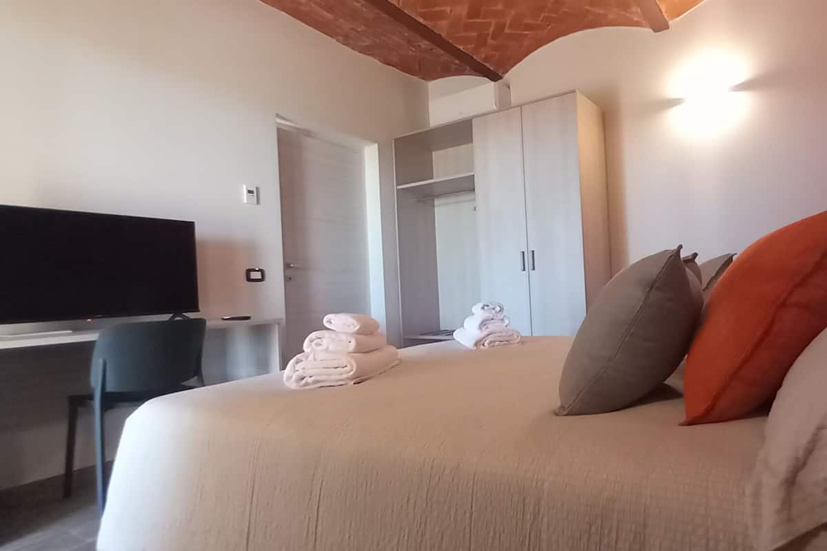 Una habitación de hotel con una cama, un escritorio, un televisor y un armario.