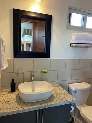 Shower, towels, soap, toilet paper