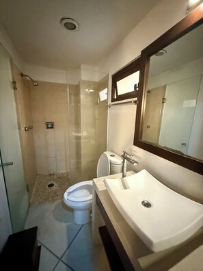 Shower, towels, soap, shampoo