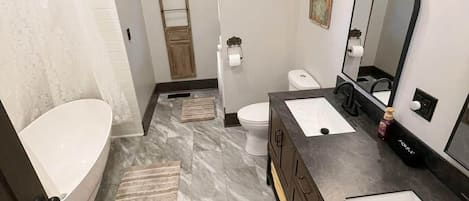 Hair dryer, towels, soap, shampoo