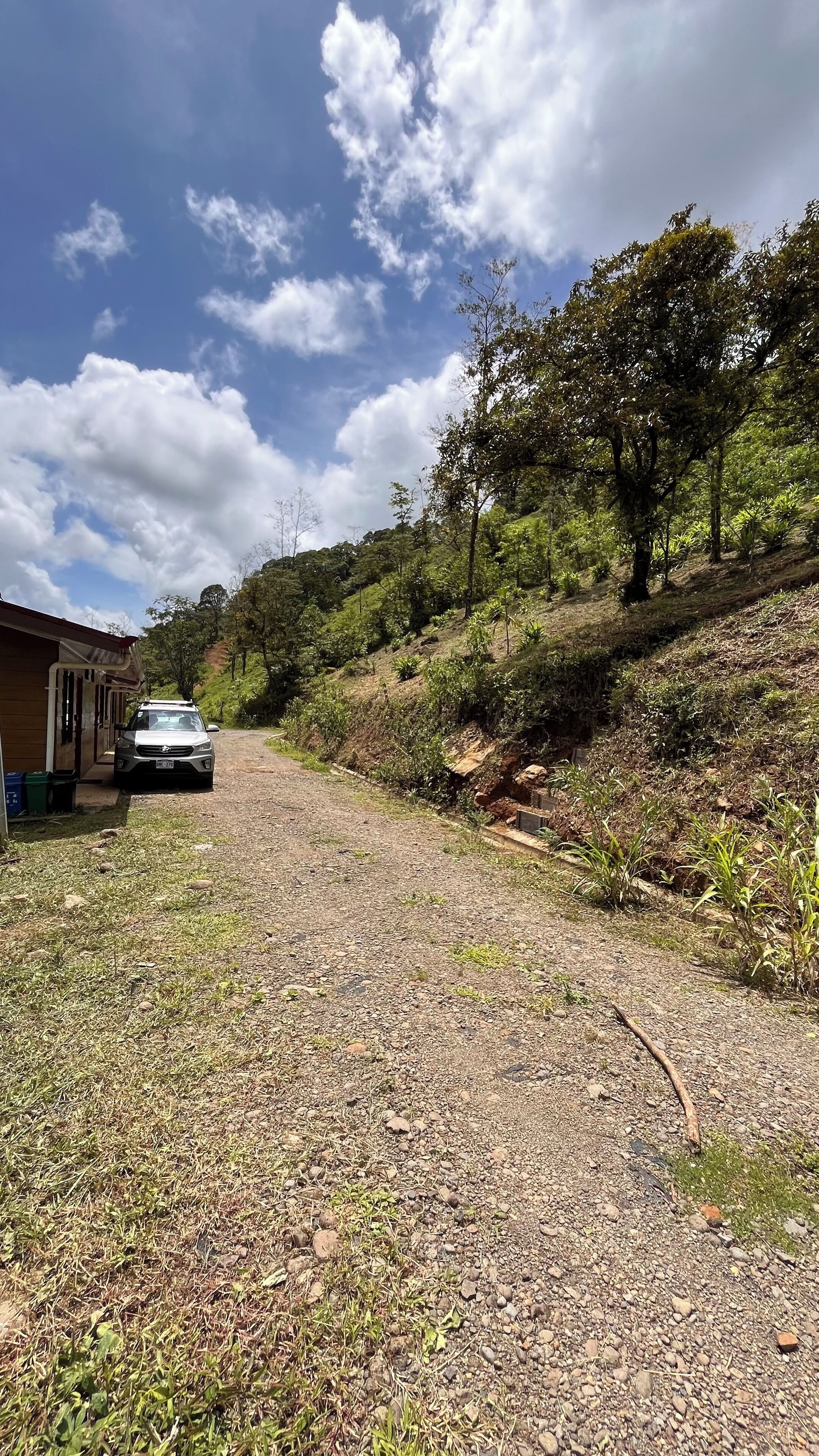 Uma trilha de cascalho leva a um edifício com um carro estacionado em frente.