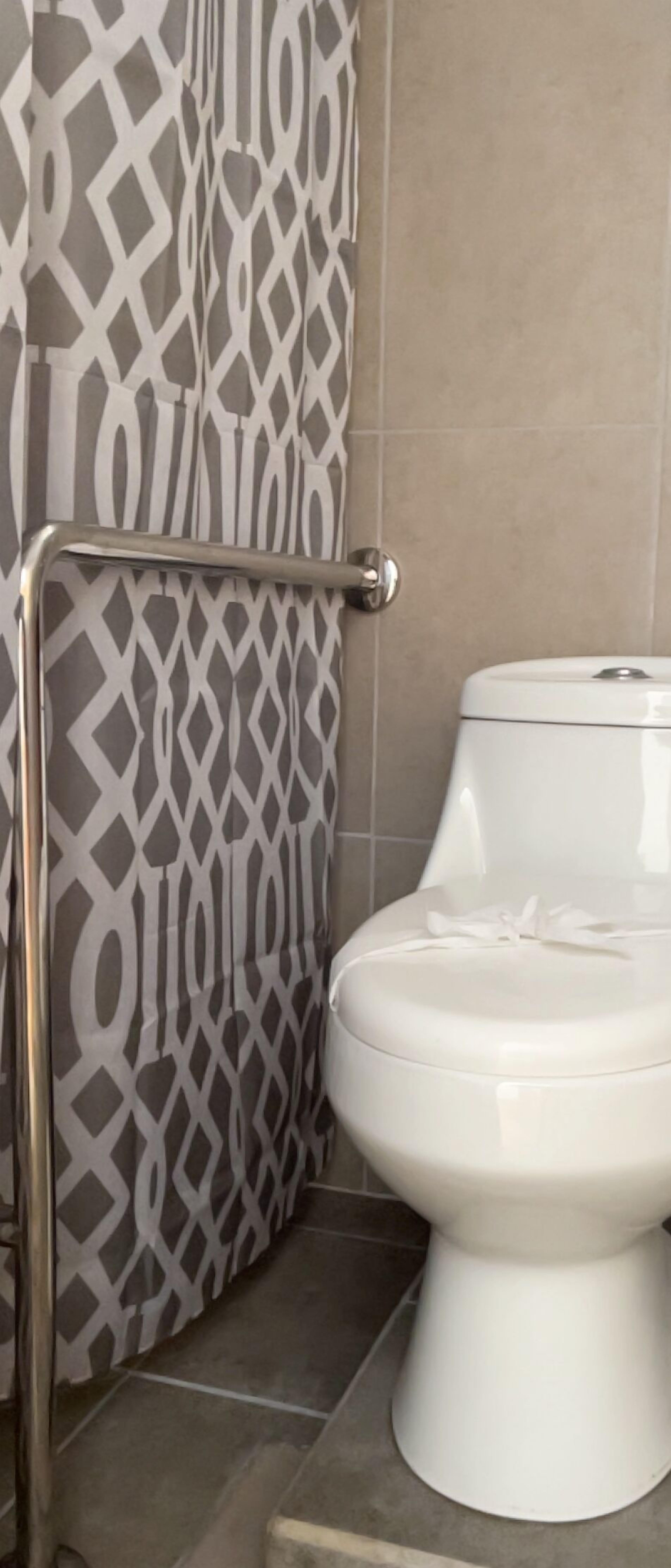 Ein Badezimmer mit Toilette, einer Haltestange und einem duschvorhang mit Muster.