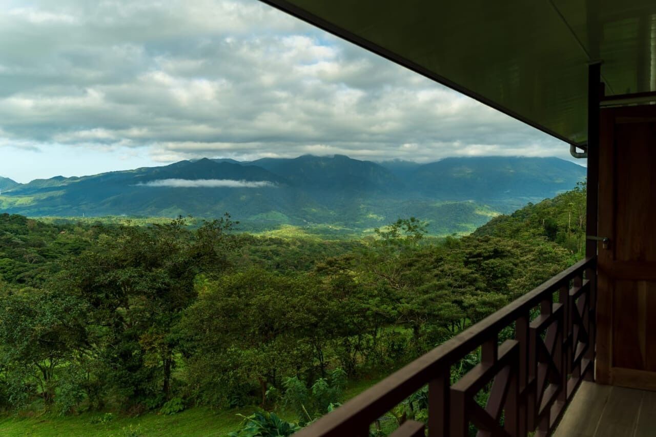 A view from a balcony overlooking a lush, green landscape with mountains in the distance.