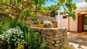 A stone wall, a wooden door, and a white building with a stone foundation.