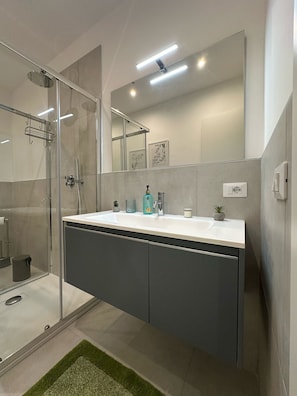 Shower, hair dryer, bidet, towels