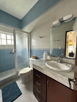 Hair dryer, bidet, towels, soap
