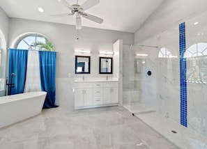 Hair dryer, towels, soap, shampoo