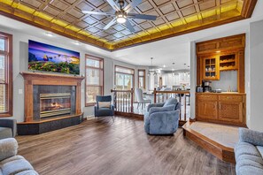 Smart TV, fireplace, video games, foosball