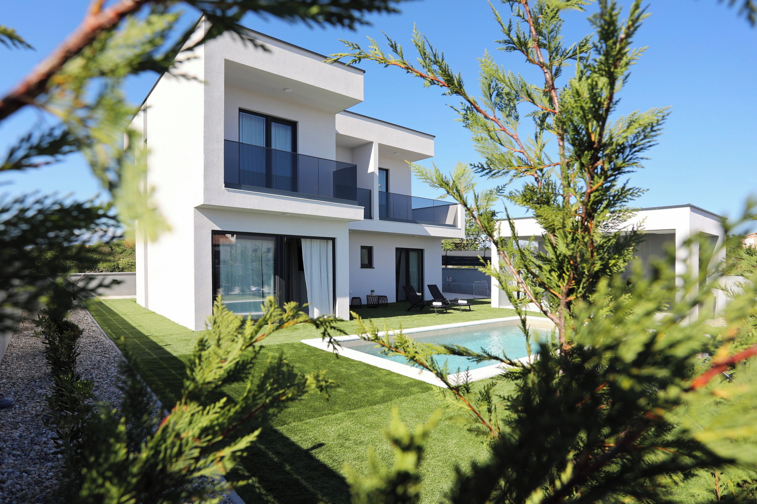 A modern two-story house with a swimming pool, surrounded by greenery and clear skies.