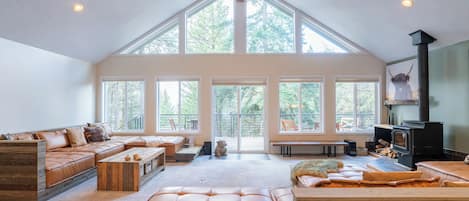 Smart TV, fireplace, books, stereo
