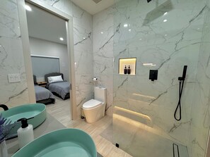 Shower, hair dryer, towels, soap