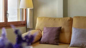 A sofa with cushions, a lamp, and a window with curtains. - Apartment 'El Campanar' with Shared Garden and Wi-Fi (Sant Llorenc de Morunys)