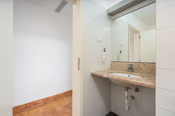 A bathroom with a sink, mirror, and shower. - Room 'Abril' with Sea View, Shared Pool and Wi-Fi (Bordeira)
