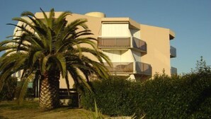 A modern building with a flat roof, multiple balconies, and a palm tree in the foreground. - Spacious 3 room air-conditioned apartment terrace garage (LE GRAU DU ROI)