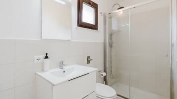 Un bagno con un lavandino bianco, un WC e una cabina doccia in vetro.