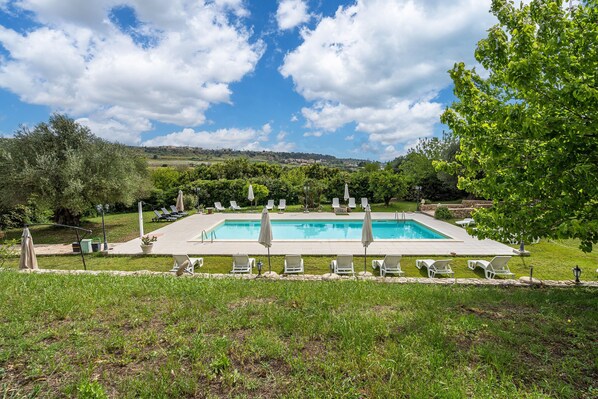 A rectangular pool with lounge chairs and umbrellas, surrounded by grass and trees.