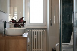 Shower, hair dryer, bidet, towels