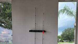 Un porte-cannes fixé au mur, avec vue sur un parking et des arbres à l’extérieur.