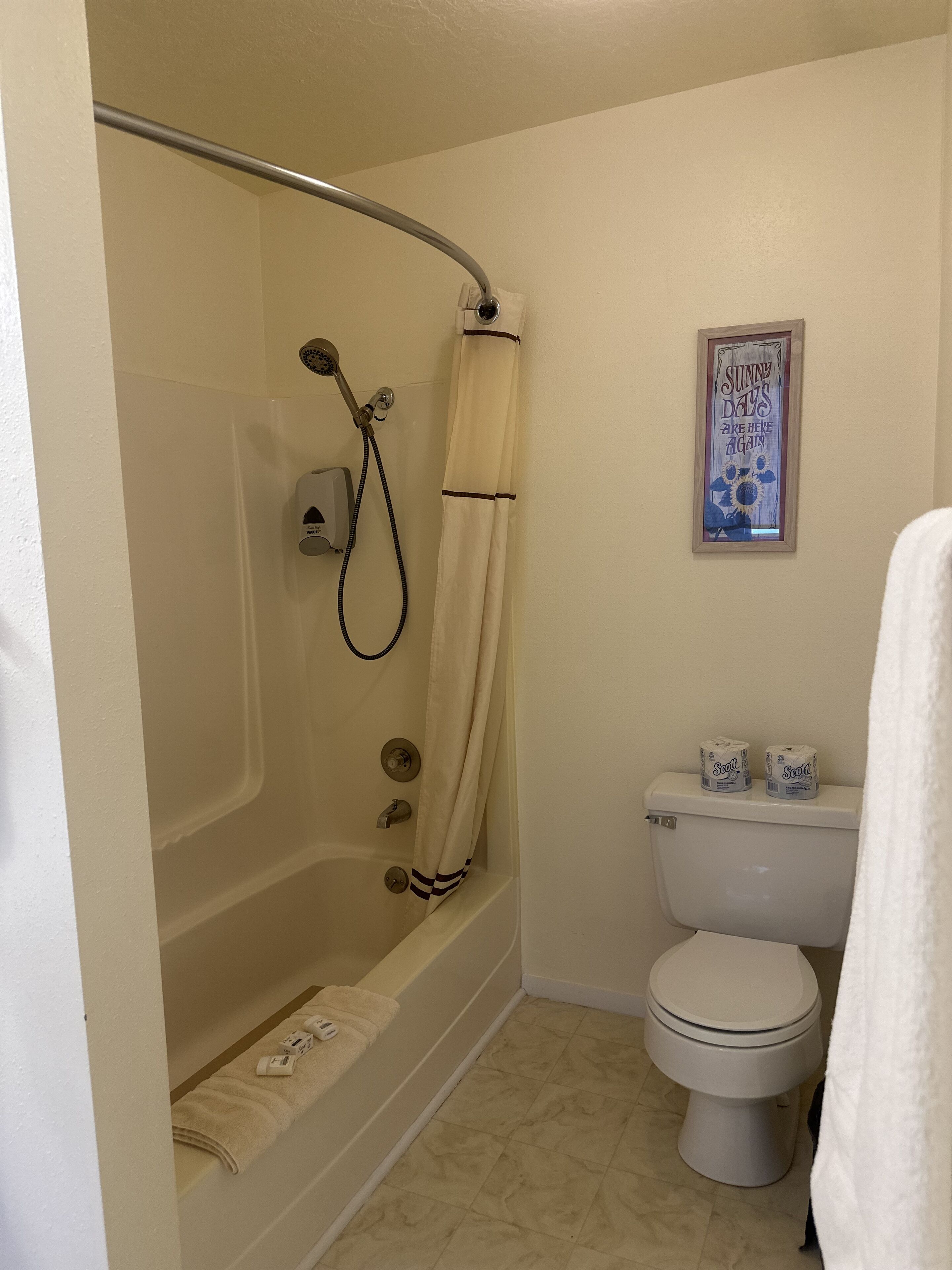 Un baño con ducha, inodoro y un cartel enmarcado en la pared.