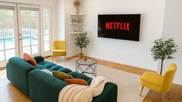 Smart TV, fireplace, table tennis, books