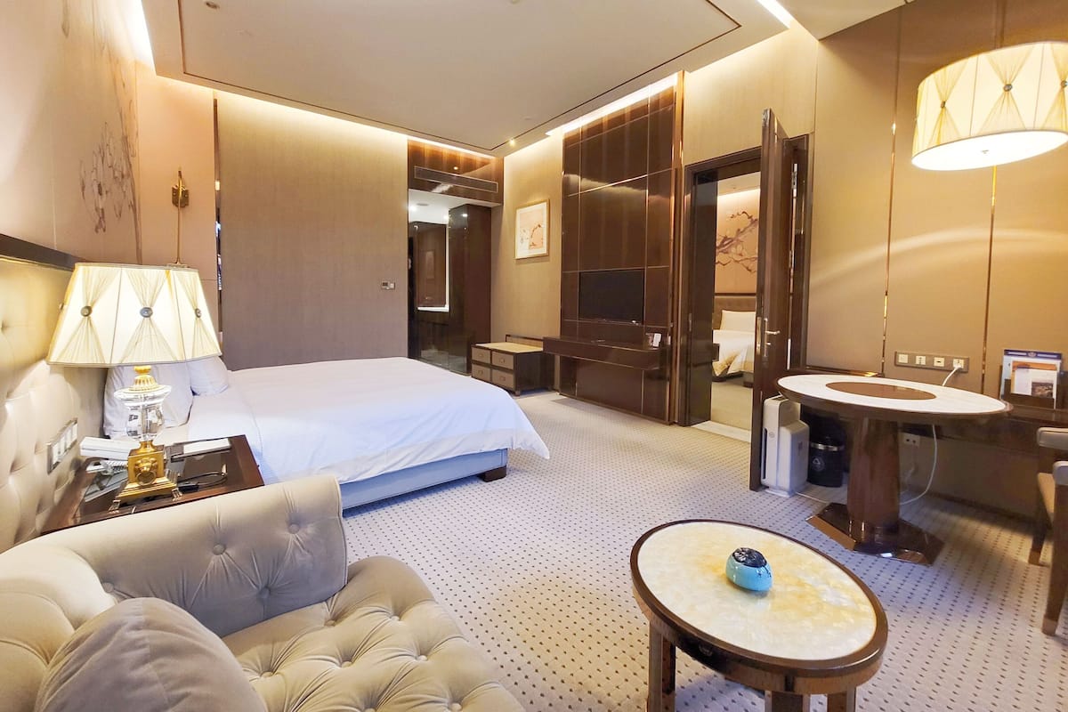 Une chambre d’hôtel comprenant un lit, un canapé, un bureau avec une lampe, une télévision et une salle de bain.