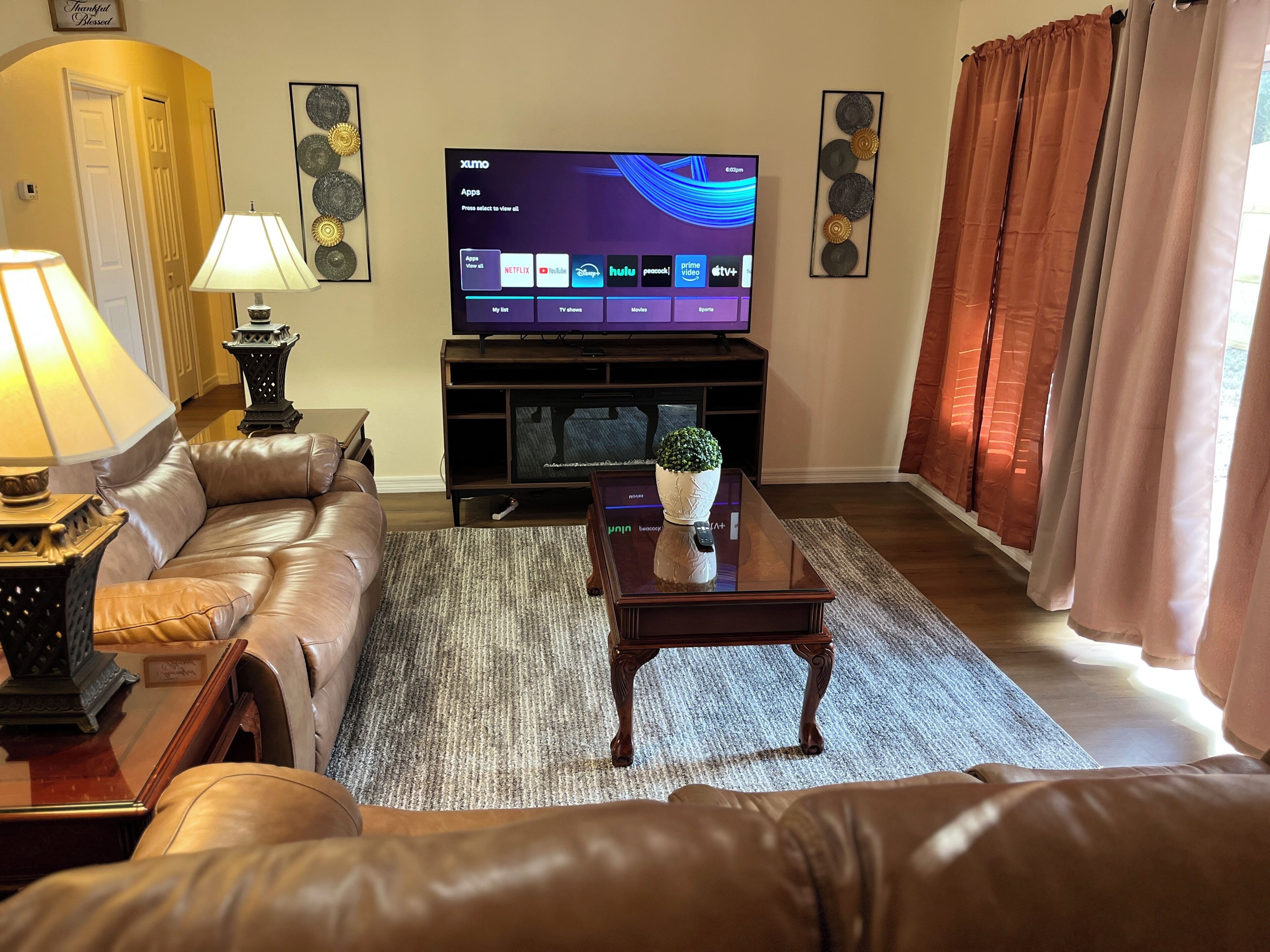 Smart TV, fireplace, foosball