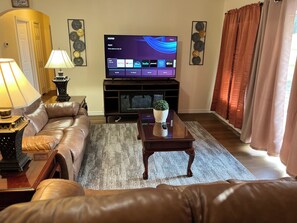 Smart TV, fireplace, table football