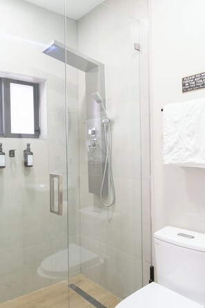 Douche, sèche-cheveux, serviettes fournies, savon